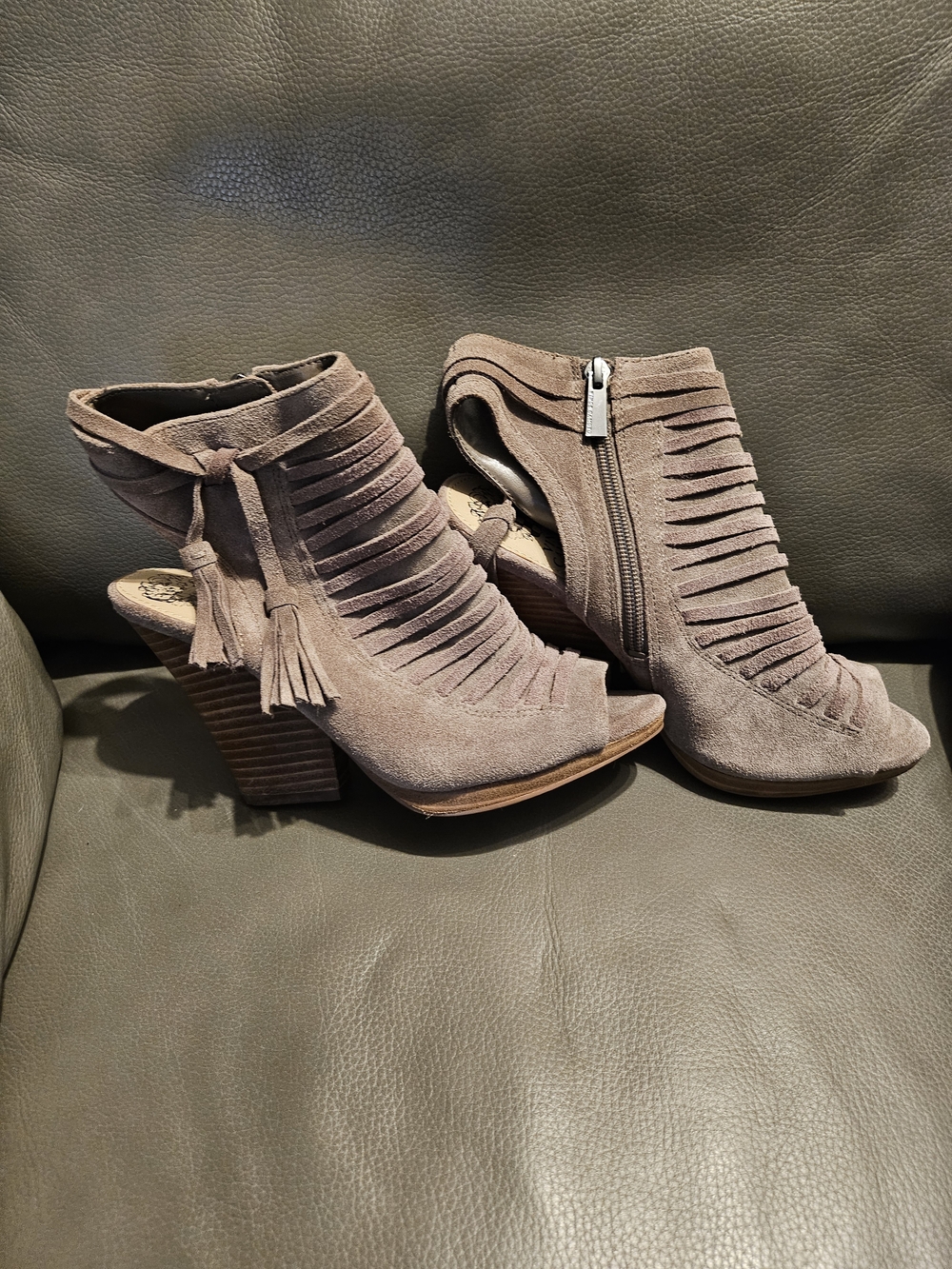 Vince Camuto Taupe Suede Fringe Peep-Toe Heeled Booties